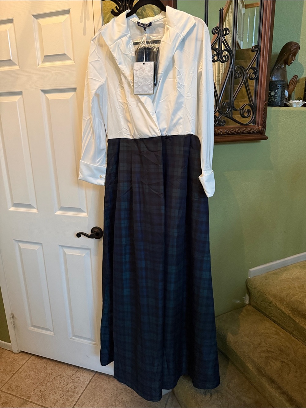 Two-Tone White and Navy Plaid Maxi Dress with Shirt Bodice